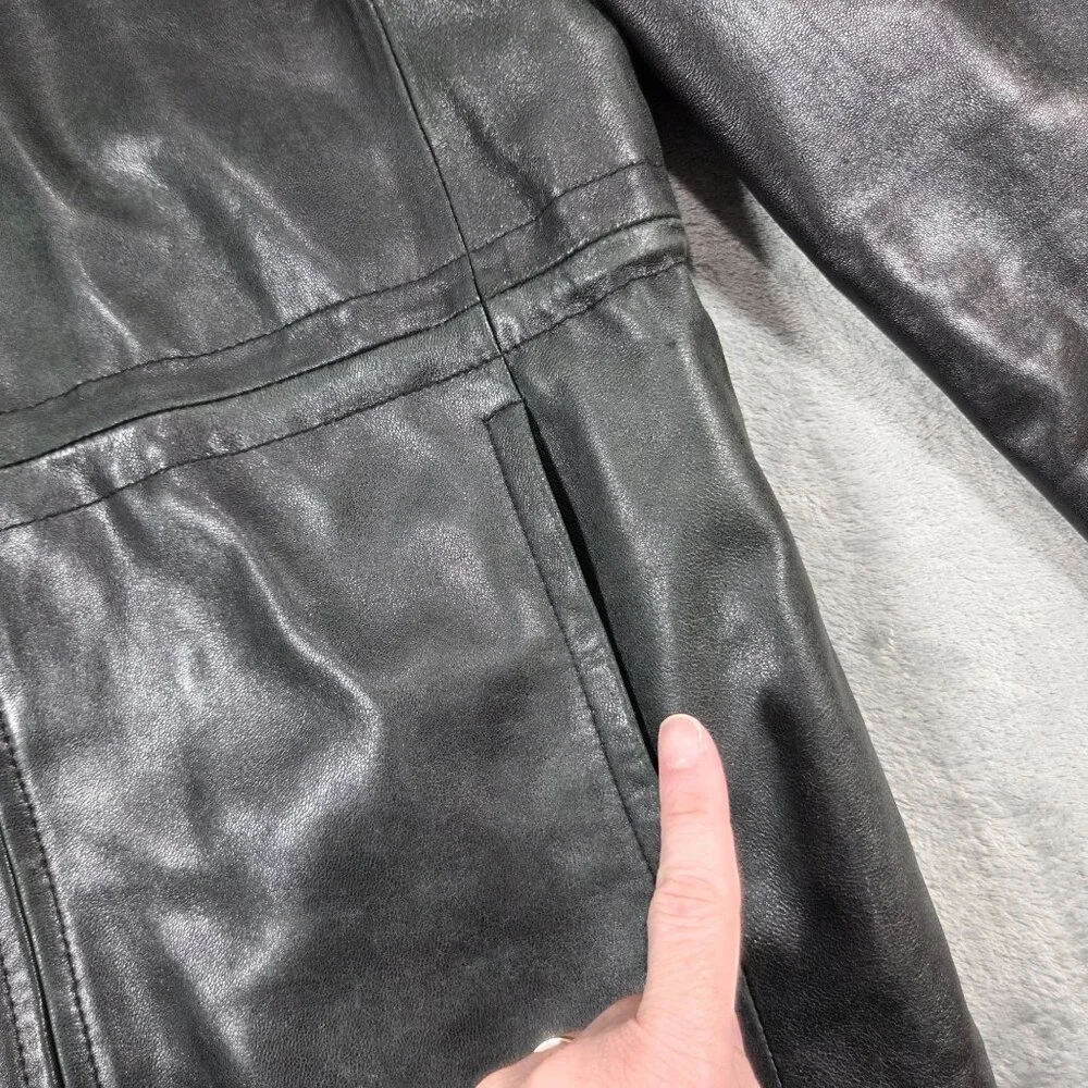 Vintage Sonoma Black Leather Coat Womens Small Fleece Lined Hooded Y2K READ